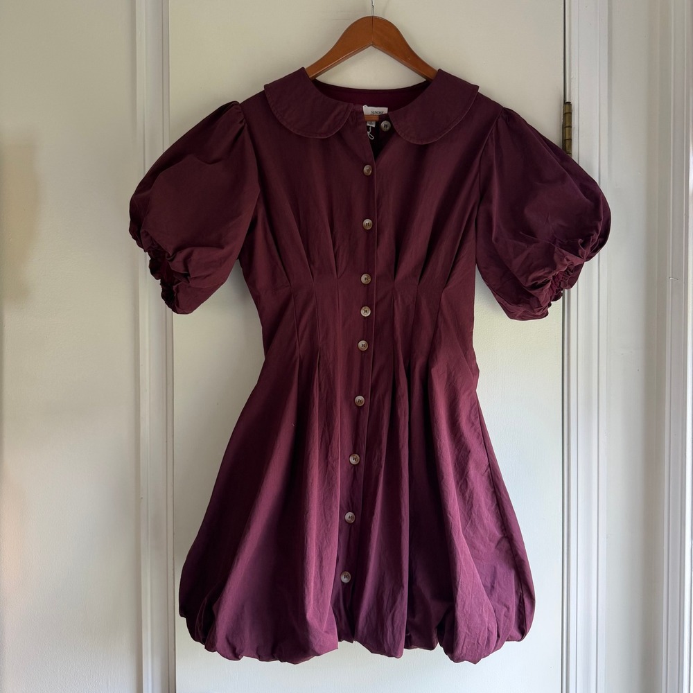 Sunday Edition Burgundy Cotton Puff Sleeve Bubble Hem Mini Dress MD20170 Small
